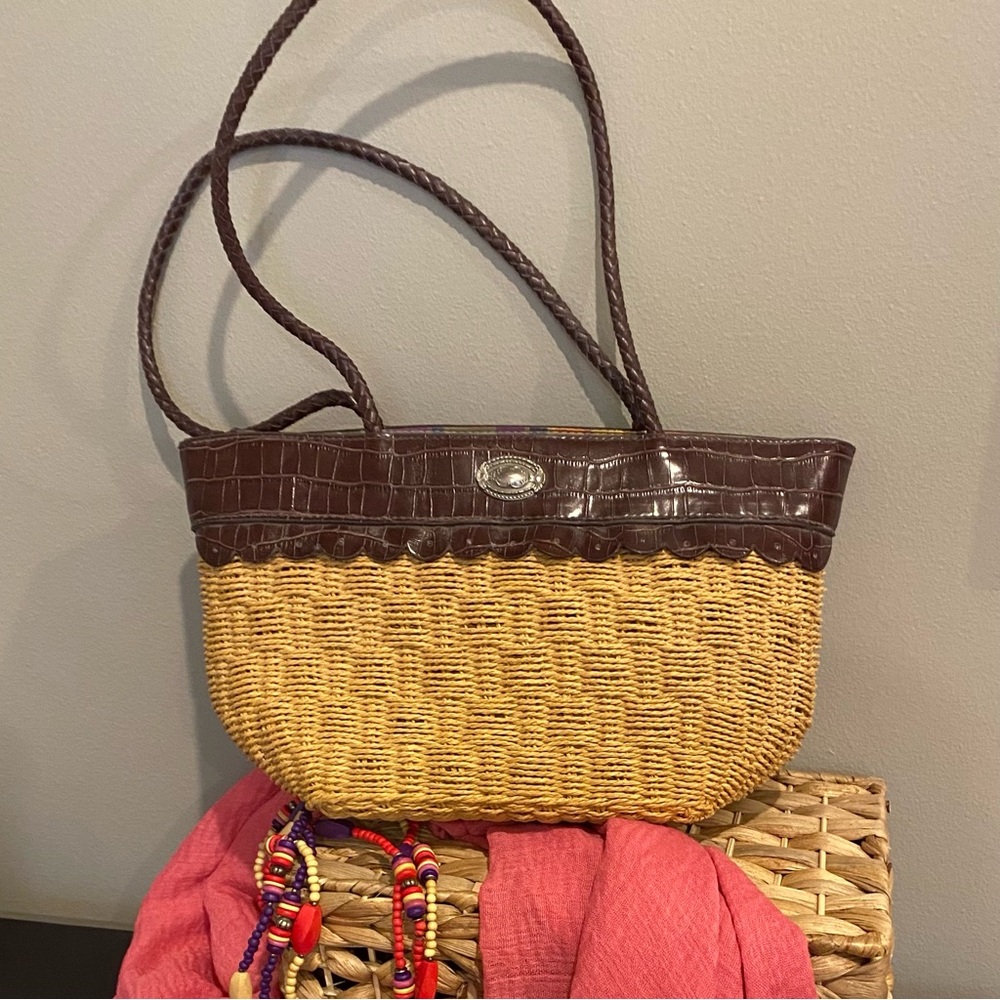 Brown and Tan Tote with Woven Design and dark brown trim. EUC